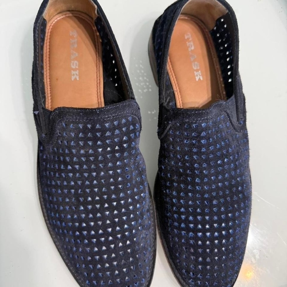 Blue perforated leather loafers minimalist slip on flats size 8.5